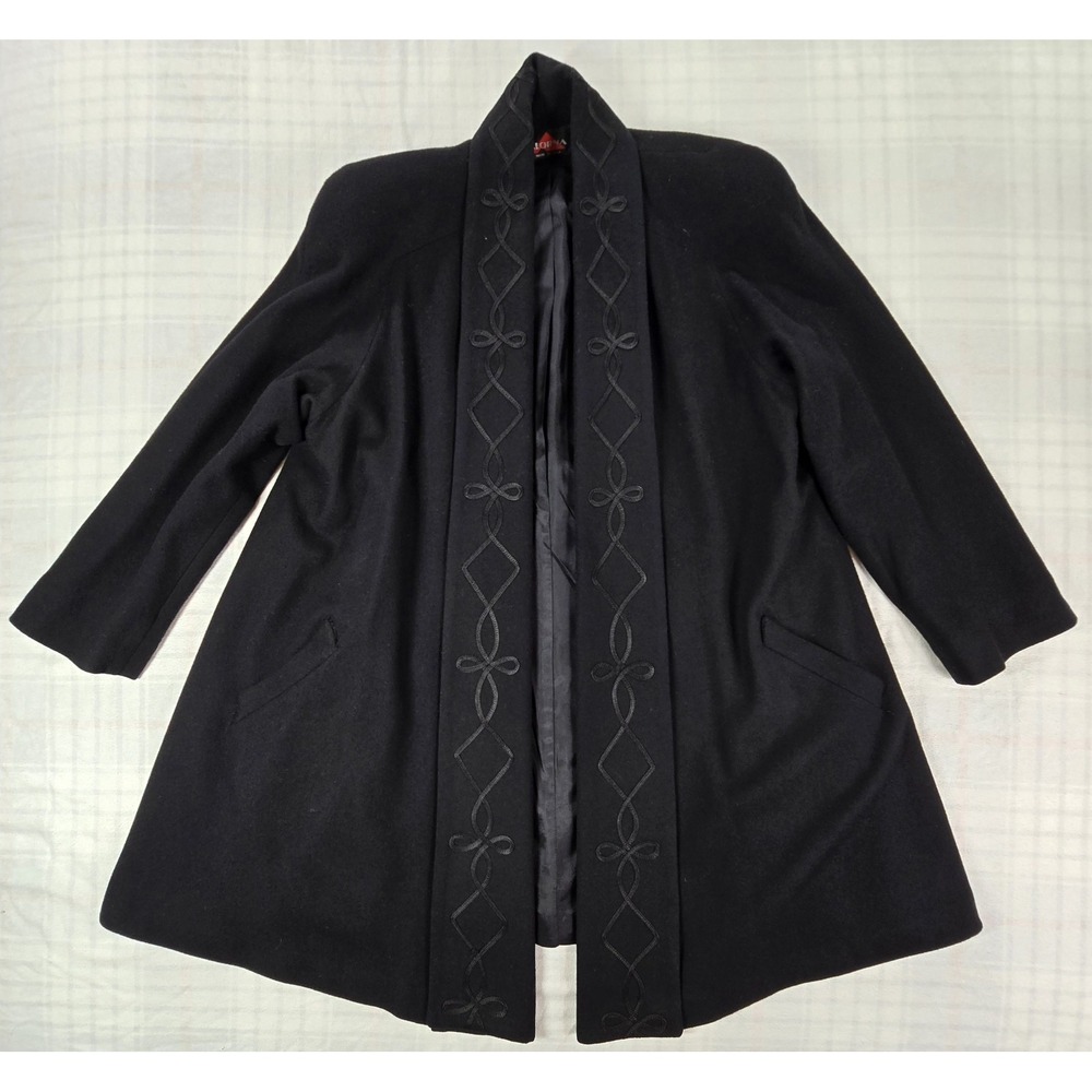 Vintage Alorna Womens 100% Wool Coat Embroidered Open Front USA 60s XL/1X
